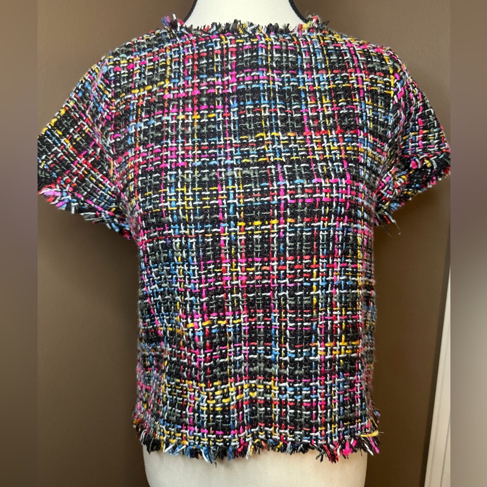 Zara Multicolor Tweed Short Sleeve Top - Black, Pink, Blue, Yellow